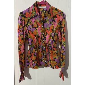 Craig Craely Vintage 70’s Dagger Collar Floral Multicolor Blouse EUC Size Xs/sm